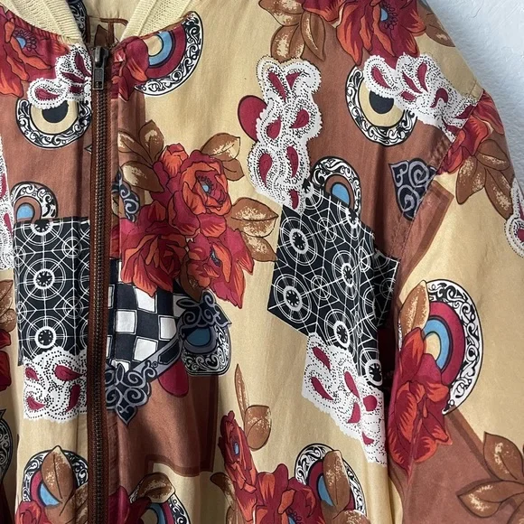 Vintage 90's FUDA International Floral Boho Abstract Silk Bomber Jacket Unisex L - Picture 2 of 12